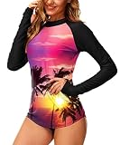AOBUTE Women Tropical Rash Guard with Thumb Holes SPF 50 Swim Top Hawaiian Beach Surf Shirt Coconut