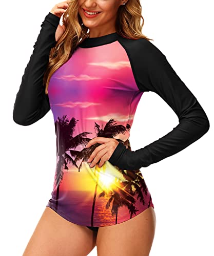 Aobute Women Tropical Rash Guard With Thumb Holes Spf 50 Swim Top Hawaiian Beach Surf Shirt Coconut Tree Pink M #TOP20