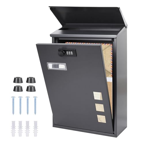 Post Boxes Wall Mounted Waterproof, Letter Box for Outside with Combination Lock, Rain Cove, Lockable Large Mail Box Outdoor with 3 Viewing Windows, Black, 39.5x25.5x11.5cm