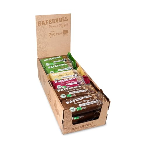 HAFERVOLL Organic Mixbox, 4 Flapjack-Sorten, 18 x 60g Bio-Müsliriegel, Bio-zertifiziert, Cacoa Nib & Hazelnut, Berry & Cashew, Chia & Pistachio, Banana & Brazil Nut