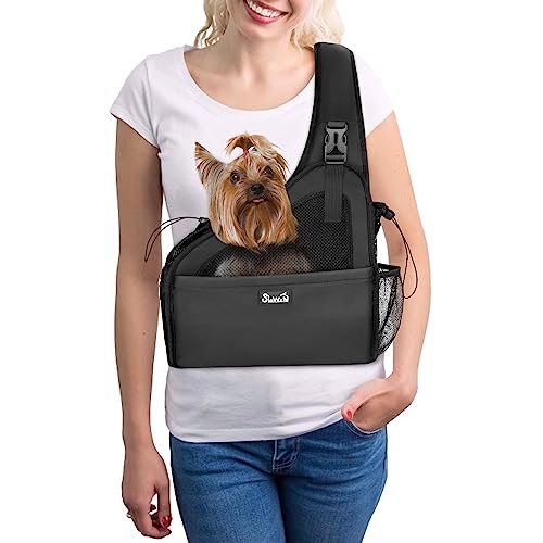 Eyein Pet Puppy Sling Carrier, Up to 6 lbs Hand Free Cat Dog Papoose, Hard Bottom Support Small Animal Travel Tote Bags with Breathable Mesh Adjustable Padded Strap Safety Belt Machine Washable option