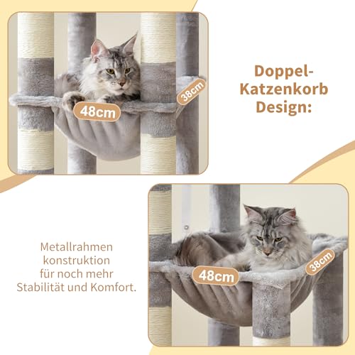 Heybly Kratzbaum, 180 cm Kratzbaum Groß mit extrem Stabiler Basis, XL-Plattform, großes Katzenhaus, 2 Hängematten, mehrstöckige Katzenmöbel für Maine Coon und andere Großkatzen, Hellgrau HCT037W