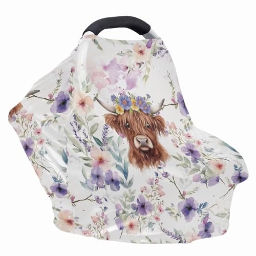 Image of Wanyint Highland Cow Floral Violet Car Seat Covers Baby Car Canopy Shopping Cart Cover Scarf Lightweight Stroller Cover Women Mother Nursing Breastfeeding Covers