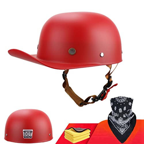 Dot Certified - Baseball Cap Style Retro Motorcycle Helmet Unisex-Adult For Moped Cap Jet Scooter Street Cruiser With Mask Towel (M,Matte Red) #TOP11