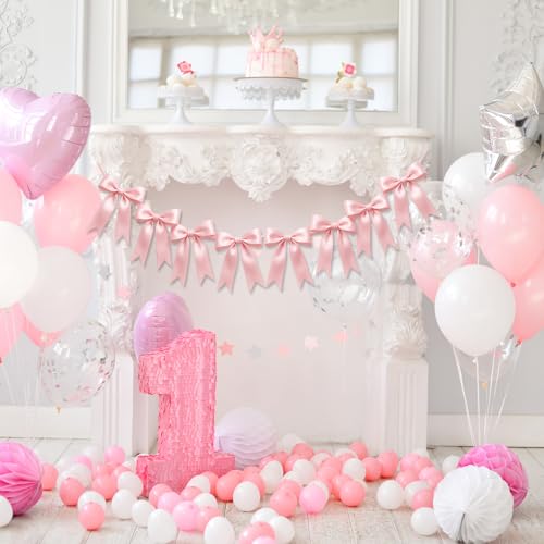 Image of 1 String of 8PCS Pink Bow Garland Banner Decoration,Pre-Strung Satin Ribbon Ornaments for Birthday,Bachelorette Party,Bridal Shower,Wedding,Engagement,Baby Shower,Graduation Decor,Anniversary