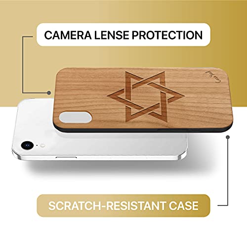 Caseyard Wood Phone Case For Iphone Xr Laser Engraved David Star Design Cherry Wood Compatible Iphone Case Protective Shockproof Slim Fit Cell Phone Cover For Men & Women #TOP5