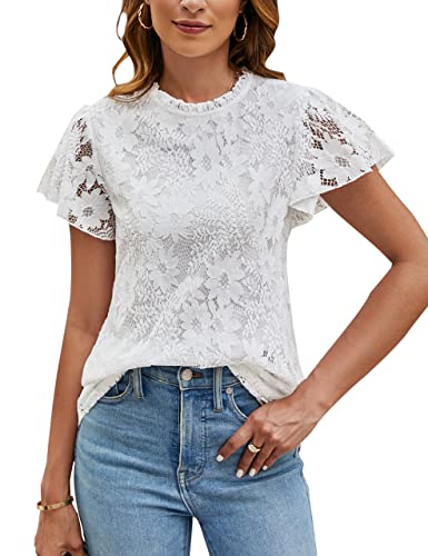 Blooming Jelly Womens White Lace Tops Dressy Casual Blouse Ruffle Short Sleeve Mock Neck Cute Fashion Shirt（L，White） #TOP22