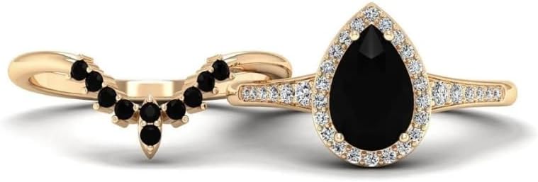 3 CT Pear Cut Black Diamond Engagement Ring Set for Women | Filigree Vintage Antique Halo Wedding Ring | Handmade Moissanite/Onyx Jewelry | Silver/Gold Anniversary Ring for Her/Gifts