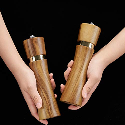 Acacia Wood Manual Salt And Pepper Grinder Set, 8 Inches Refillable Pepper And Salt Mill Set, Salt Grinder Pepper Mill With Adjustable Coarseness, For Restaurant Hotel By Deerlet (2Pcs,Wood-Gold) #TOP5