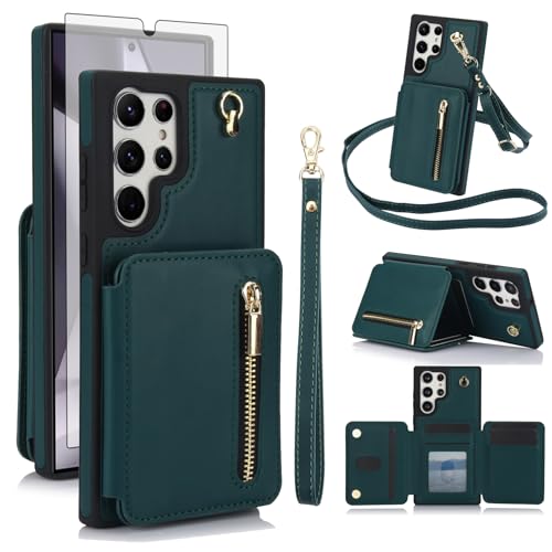 Phone Case for Samsung Galaxy S26 Ultra 5G 2026 RFID Wallet Cell Cover with Tempered Glass Screen Protector Crossbody Strap Credit Card Holder Slot Stand S26Ultra 26S S 26 26Ultra Women Men Green
