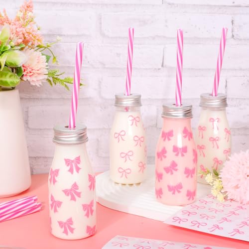 FYSUIMU 24 Pcs Pink Bow Plastic Milk Bottles with Lids Straws and Bowknot Stickers Reusable Drink Containers Beverage Juice Shot Jars for Valentine's Day Birthday Baby Shower Party Favor by FYSUIMU - Image 4