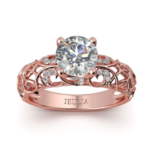 Jeulia 2 Carat Leaf Vines Rings for Women 925 Sterling Silver Rose Gold Plated Engagement Rings Round Cut Diamond Wedding Band Rings Solitaire CZ Promise Anniversary Rings Romantic Gift
