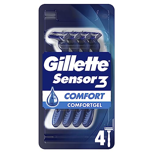 Gillette Sensor3 Comfort Disposable Razors for Men, Pack of 4, Lubrastrip with Water-Activated Comfortgel Technology, 3 Skin-Sensing Blades