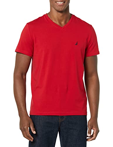 Nautica mens Short Sleeve Solid Slim Fit V-neck T-shirt T Shirt, Red, Medium US