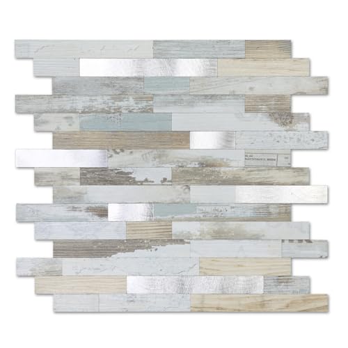 Yipscazo 10 Sheets Peel and Stick Wood Metal Tile Backsplash, Stick on Tiles for Backsplash Kitchen, Bathroom, Laundry Room, Camper, Fireplace (12'' X 12'', White Wood with Metal) by Yipscazo - Used condition - US$31.99