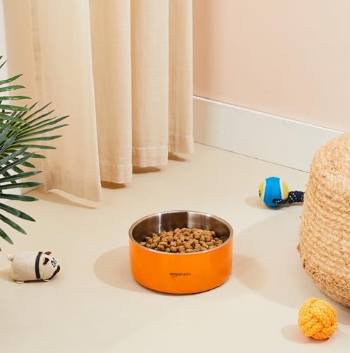 Image of Amazon Basics Quintessential Double-Walled Stainless Steel Premium Pet Bowl | 1900 Ml | Large | for Dogs, Cats, and Pets | Orange