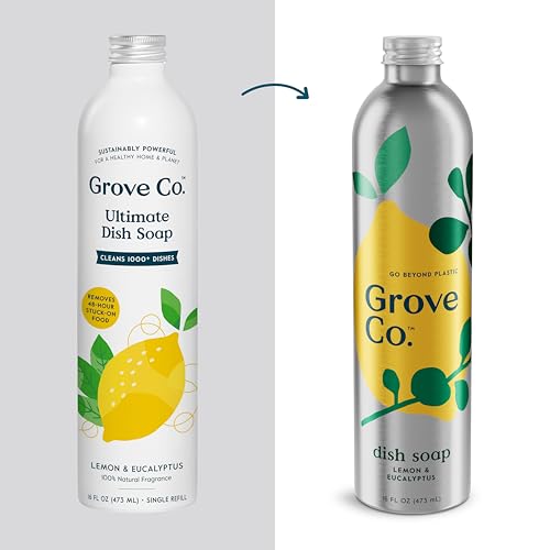 Image of Grove Co. Dish Soap, 3 x 16 fl oz Refills + Refillable Glass Dispenser | Lemon & Eucalyptus; Plastic-Free; Reusable dispenser; Refill format; Removes Stuck on Food; 98% plant-based ingredients