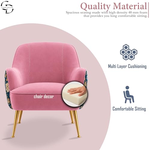 Image of Accent Chair with Ottoman | Modern Velvet Lounge Chair with Floral Designer Back | Upholstered Armchair for Living Room, Bedroom & Cafe | Golden Legs (Pink Floral)