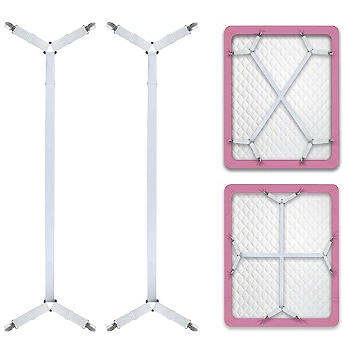 Fitted Sheet Holders with Premium Bed Scrunchies, 2-Pack (White)