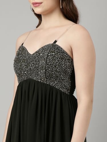 Image of SHOWOFFFF Women Embellished Fit and Flare Party Dress | Square Neck Sleeveless Georgette Dress for Womens | Knee Length Dress for Women's