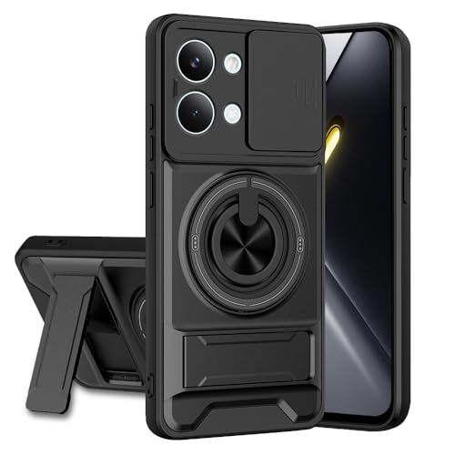 Image of Poco X8 Pro Max 5G Back Cover | Armor Camera Slider 360 Degree Rotating Finger Ring Holder Case with Bracket Stand Back Case Cover (Compatible with MagSafe Accessories) (Black)