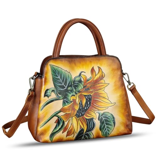 Image of Genuine Leather Handbag for Women Hand Painted Leather Top Handle Satchel Handmade Crossbody Purse