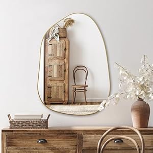 PERFNIQUE Irregular Wall Mirror Asymmetrical Mirror, 69 x 48 cm Golden Wood Framed Mirror for Bathroom Bedroom Living Room Entryway, Decorative Modern Wall Decor (Gold, 69 x 48 cm)