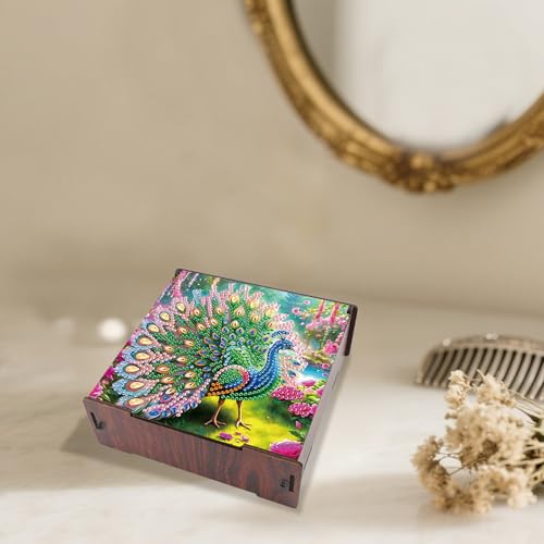 Image of DIY Diamond Art Storage Box, Peacock Design Wooden Diamond Painting Organizer with Flip-Top Lid and 4 Divided Compartments, for Craft, Jewelry, and Desktop Storage, Table Decoration Gift Accessories