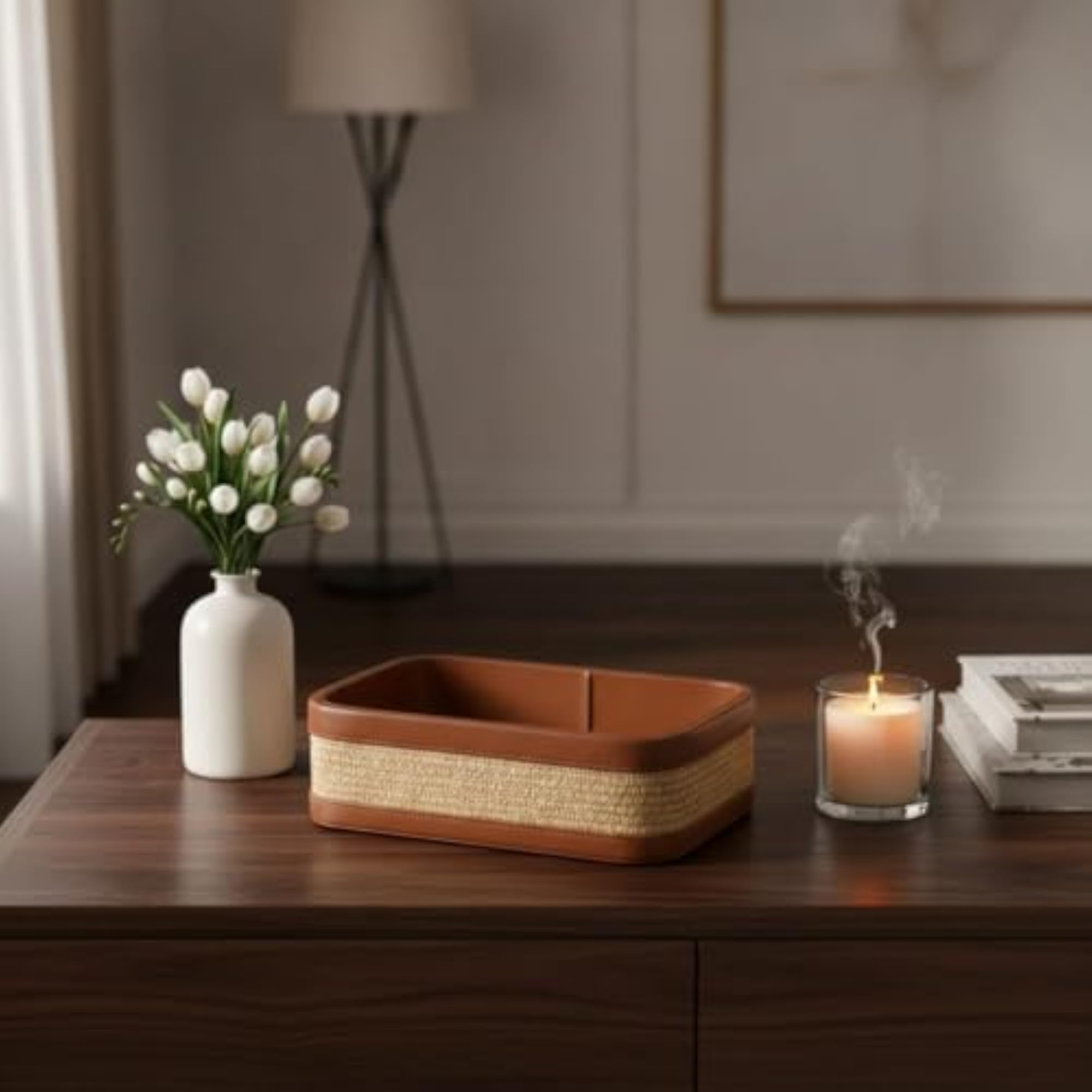 Rectangular Woven Tray with Leather Rim