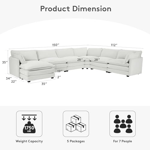 ROWHY 150\'\' Modular Sectional Sofa Cloud Couch, 7 Seater Big Comfy Corduroy L Shaped Couch with 4 Pillows, Chaise, Ottoman, Deep Seat Sectional Couches for Living Room Office, Light Grey
