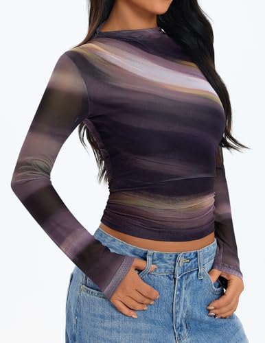 ZESICA Fall Floral Long Sleeve Tops for Women 2025 Mock Neck Mesh Ruched Slim Fit Going Out T Shirts Trendy Blouses3