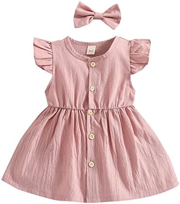 Toddler Baby Girls' Cotton Line Fly Sleeve Button Down Summer Dresses with Headbows (Pink, 6-12 Months)