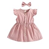 Toddler Baby Girls' Cotton Line Fly Sleeve Button Down Summer Dresses with Headbows (Pink, 6-12 Mont