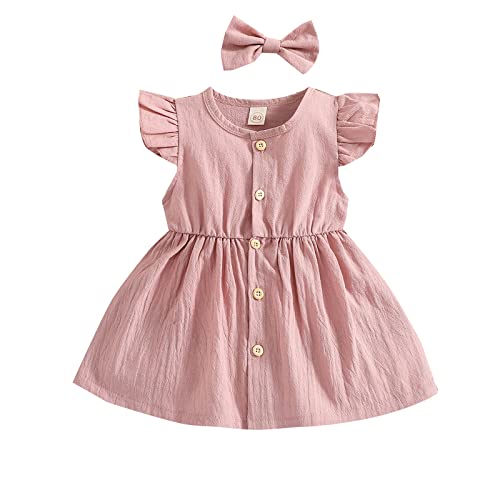 Toddler Baby Girls' Cotton Line Fly Sleeve Button Down Summer Dresses With Headbows (Pink, 6-12 Months) #TOP3