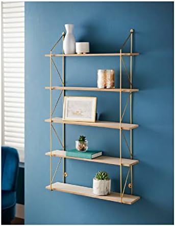 spot on dealz® 5 Tier Modern Gold floating decorative hanging shelves with MDF Oak wood and metal wire frame bookshelves industrial wall mounted display shelving unit, Living Room furniture