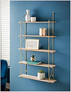 spot on dealz® 5 Tier Modern Gold floating decorative hanging shelves with MDF Oak wood and metal wire frame bookshelves industrial wall mounted display shelving unit, Living Room furniture