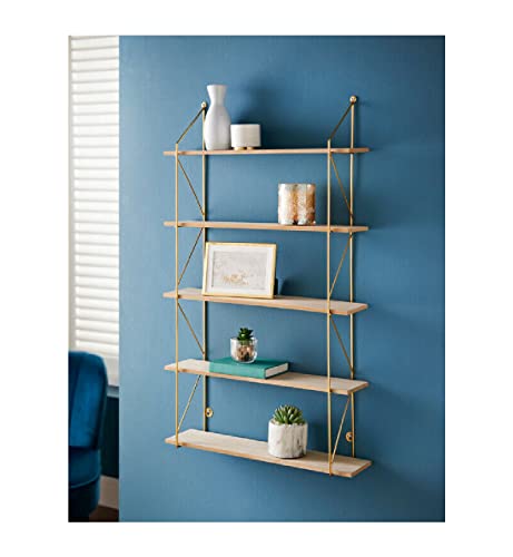 spot on dealz® 5 Tier Modern Gold floating decorative hanging shelves with MDF Oak wood and metal wire frame bookshelves industrial wall mounted display shelving unit, Living Room furniture
