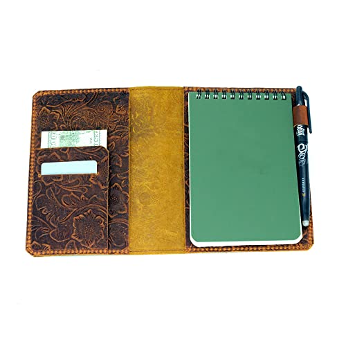 JJNUSA Leather Cover Compatible With Rite in the Rain & Rocketbook Mini Spiral Notebooks Distressed Genuine Leather Cover for Bound Notebook Cover Memo Pads 4" x 6" Embossed brown