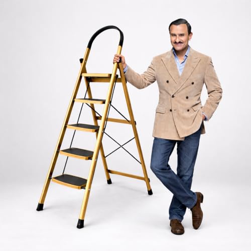 Image of Sparsh Pearl Steel Ladder for Home 5 Steps Foldable with Anti-Skid Wide Steps | 5 Step Ladder for Home Use with D-Shape Rods | Secure Lock | 150 Kg Capacity Folding Ladder | 5 Year Warranty (Gold)