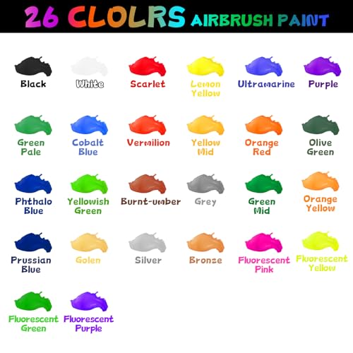 Tinta para aerógrafo, 26 cores com 2 conjunto de tinta para aerógrafo mais fino, pintura à base de á