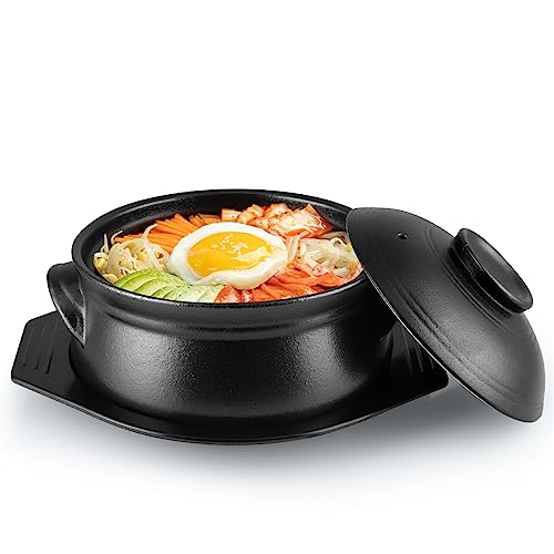 Sanbege Large Korean Ceramic Bowl with Lid and Trivet, 54 oz Sizzling Hot Pot with Double Handles for Cooking and Serving Dolsot Bibimbap, Soup, Rice, Stew, Casserole, Noodle (Frosted Black)