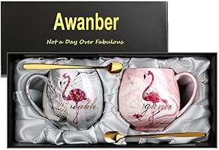 Flamingo Coffee Mugs Set of 2, Awanber Marble Ceramic Coffee Tea Mugs - Engagement Gift Wedding Gift for Couples, Best Birthday Christmas Gift for Women, Girls, Friends - Gift Boxed with 2 Pcs Spoons