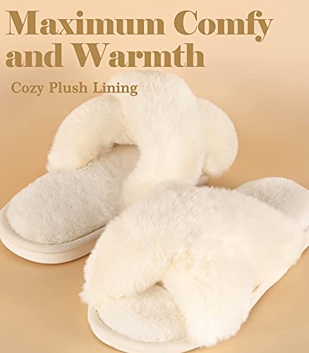 Ankis Women White Fuzzy Fluffy Slippers Soft Cozy Plush Fuzzy Slippers Memory Foam Slipper Open Toe Fuzzy Slippers Bedroom Comfy Cross Band Slippers For Womens #TOP7