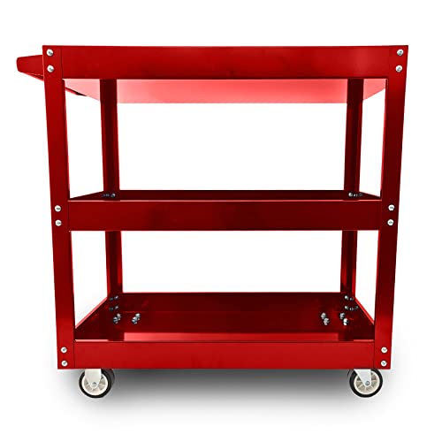 Lfgud 3-Tier Utility Cart, Commercial 3 Shelves Steel Service Tool Cart With Wheels, Heavy Duty Rolling Mechanic Tub Storage Cart For Warehouse Office Garage, 330Lbs Load Capacity, Red #TOP6