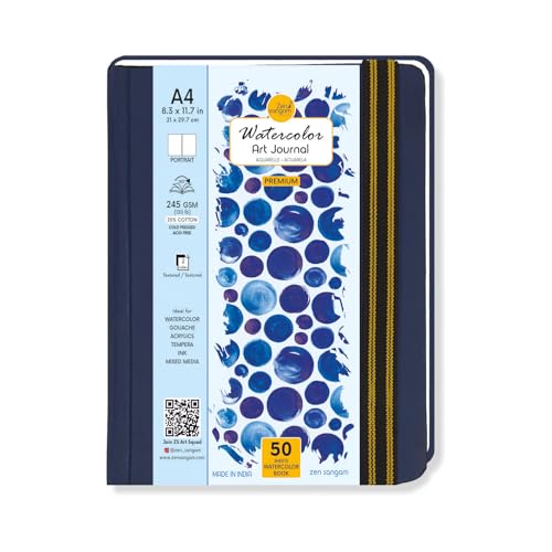 Zen Sangam Express your Mind Artists’ - A4 Watercolor Art Journal Portrait - 245 GSM - 20% Cotton Cold Pressed - (50 Pages) - Size (29.7x21cm) - Watercolour Book - Blue