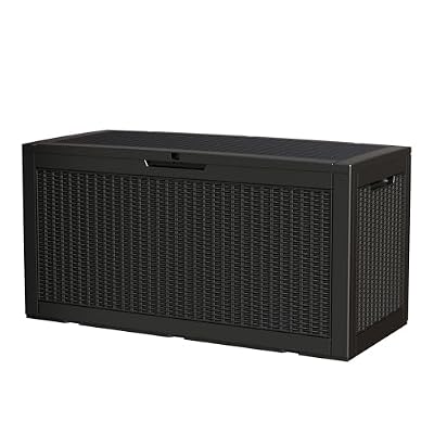 Trygoal 100 Gallon Storage Box, Waterproof Resin Deck Box with Hydraulic Piston Design, Lockable Storage Bench for Package Delivery, Storage Bin for Patio Cushions, Garden Tools, Black