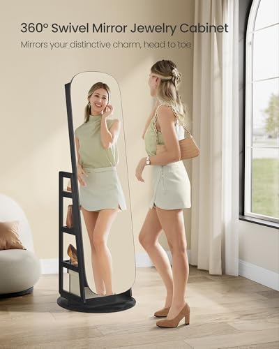SONGMICS LED Jewelry Cabinet, 360° Swivel Jewelry Organizer, Lockable Mirror Jewelry Cabinet Standing, Rounded Wide Full-Length Mirror with Storage Shelves, Interior Mirror, Ebony Black UJJC036B012