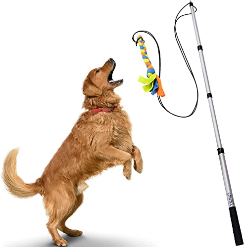 Flirt Pole For Dogs W/ Safe & Strong Non-Bungee Cord, Telescopic Lure Stick For Dogs Of Any Size, Dog Toy For Fun Obedience Training & Exercise, Braided Fleece Toy Pre-Attached, By Yes4Quality #TOP6