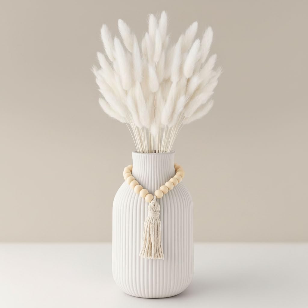 JOHOUSE 120PCS 17 Inch Dried Pampas Grass Decor, White Bunny Tails Dried Flowers, White Ceramic Vase with Grooves for Wedding Living Room Bedroom Office Centerpieces