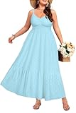 Plus Size Summer Dresses Maxi Sun Easter Light Blue Boho Beach Casual Long Spaghetti Strap Flowy Eyelet Dress Pockets